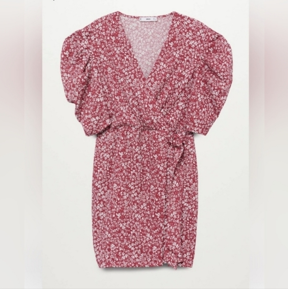 Mango Romantic Floral Wrap Dress Printed Dress with Puff Sleeves Size 4 - Picture 2 of 16